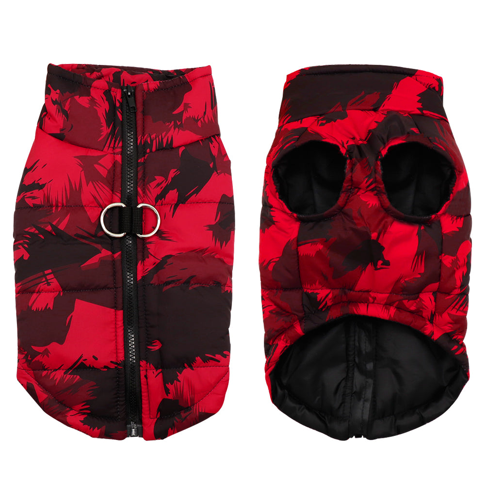 Warm winter dog jacket, black, insulated, with adjustable straps, for cold weather protection.