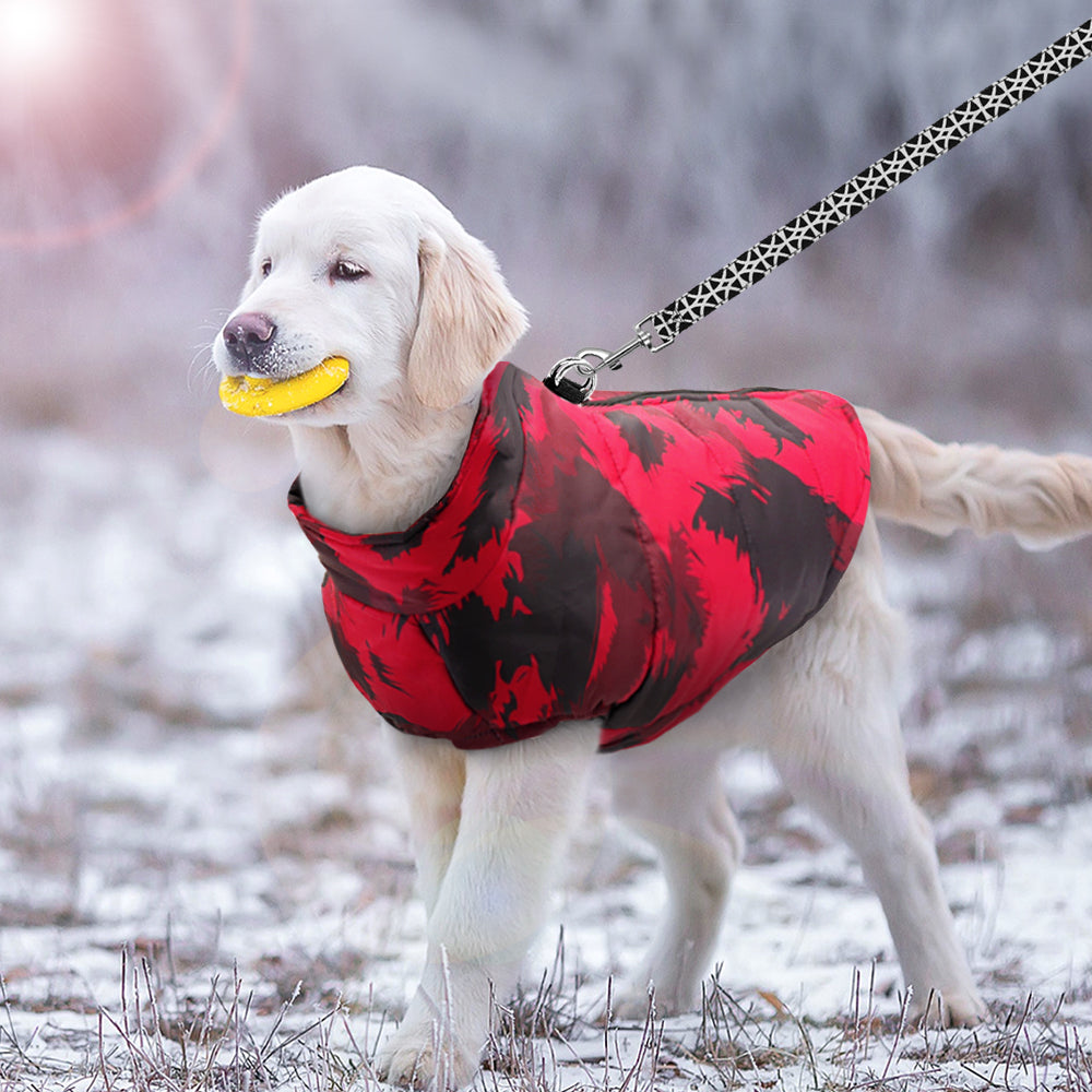 Fleece-lined, water-repellent dog coat in red, perfect for winter pet warmth and comfort.