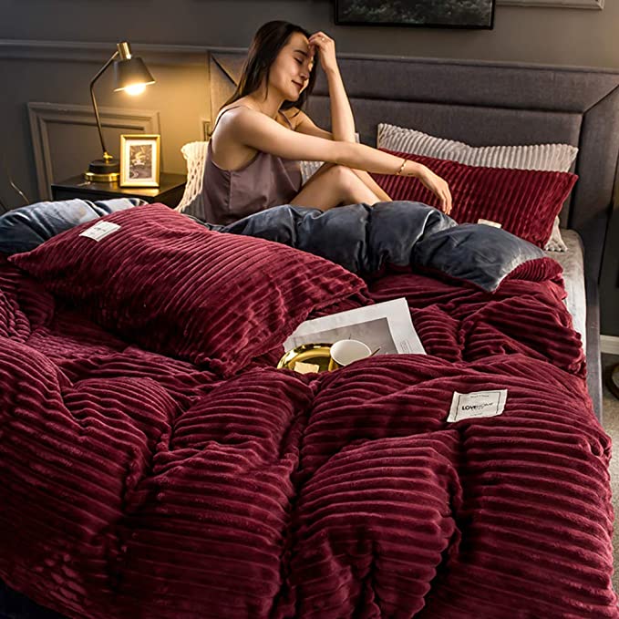 Snuggle-ready fleece duvet comforter, warm microfibre bedding for a cozy autumn winter bedroom.