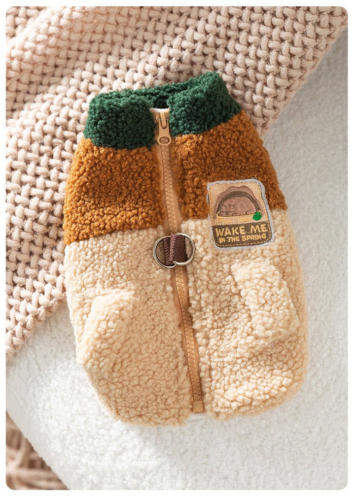Warm wool blend color block dog vest with leash D-ring, perfect for winter walks.