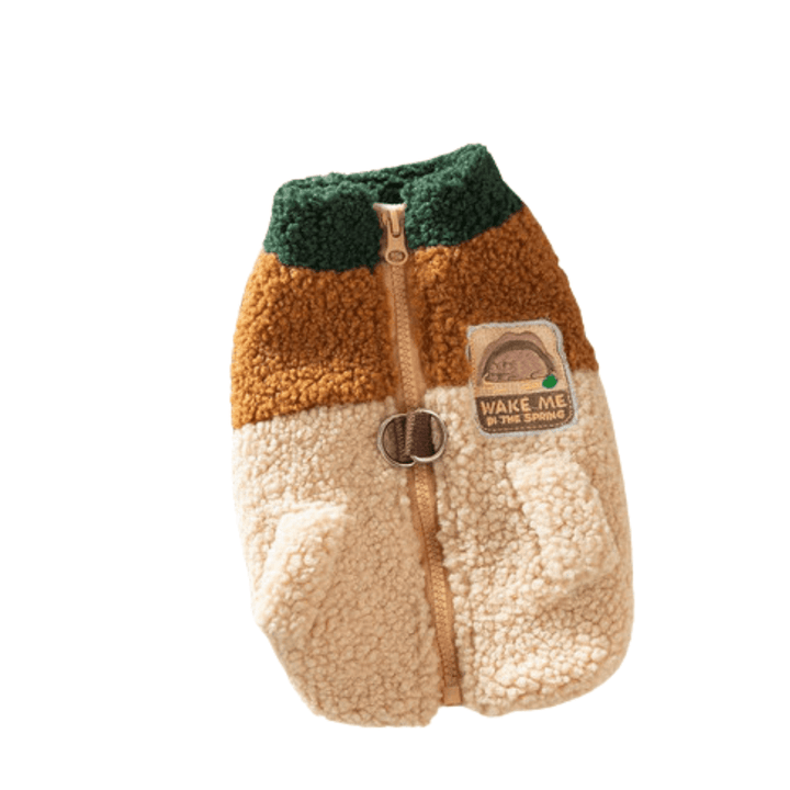 Stylish pet apparel: dog color block vest with secure leash D-ring and zipper closure.