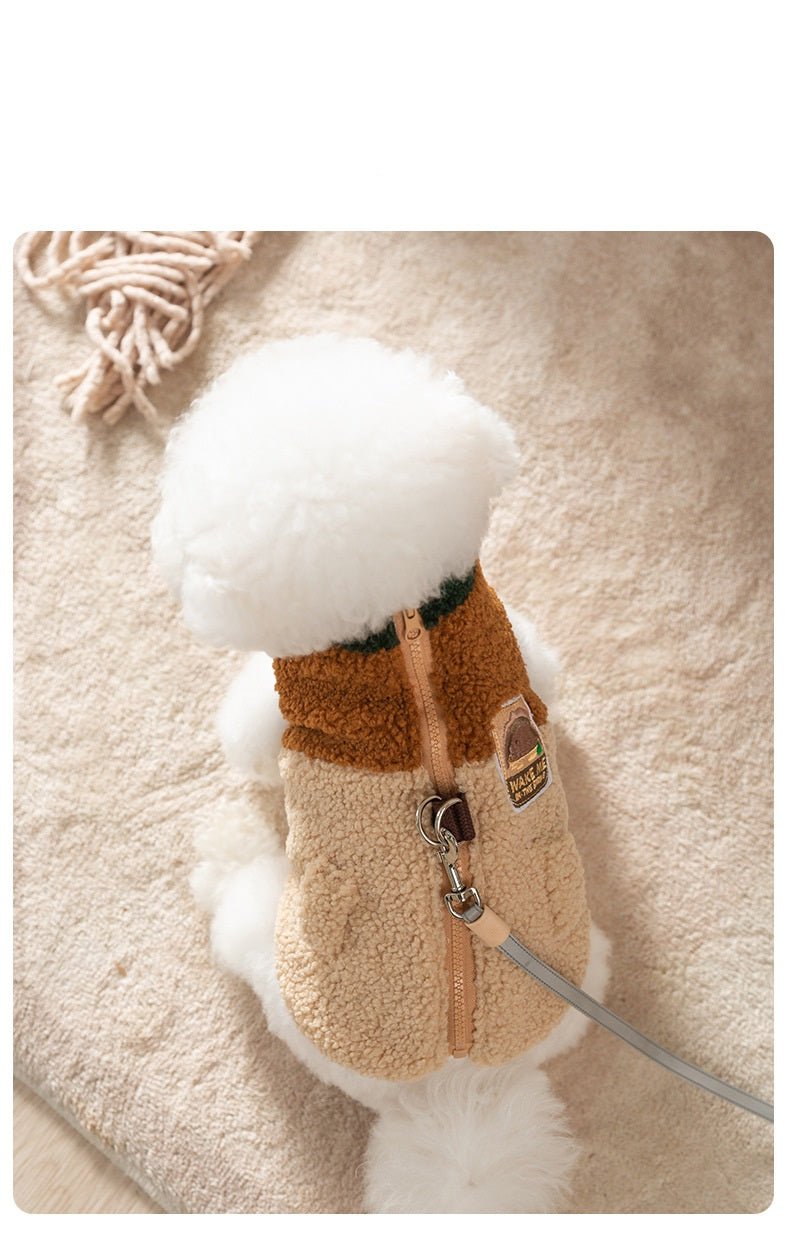 Dog jacket: cozy color block wool blend vest with D-ring for leash, ideal for cold weather.