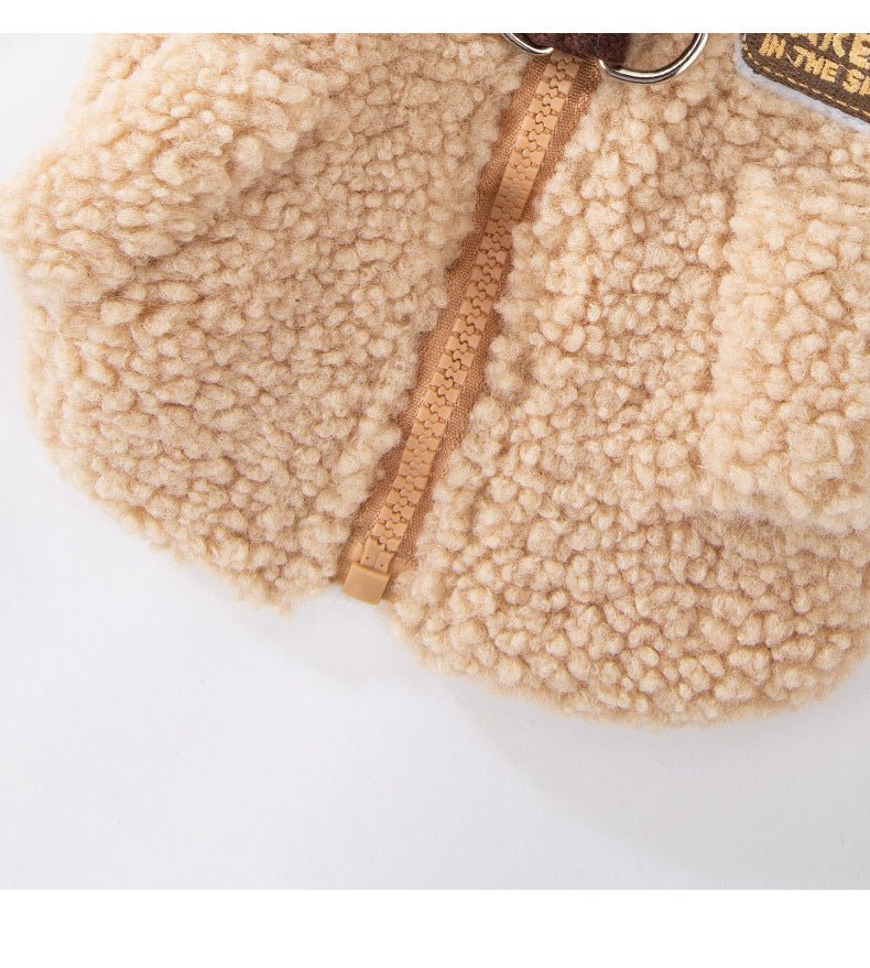 Back view of a dog in a warm wool blend color block vest, showing the leash D-ring.