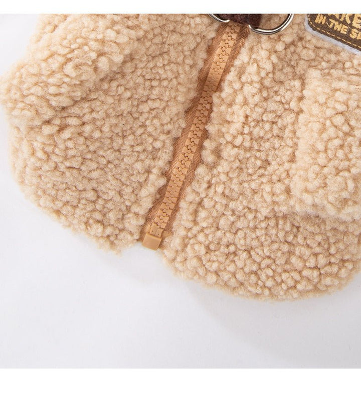 Back view of a dog in a warm wool blend color block vest, showing the leash D-ring.