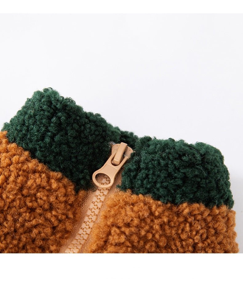 Dog color block wool blend vest, a warm and fashionable jacket with an integrated leash D-ring.