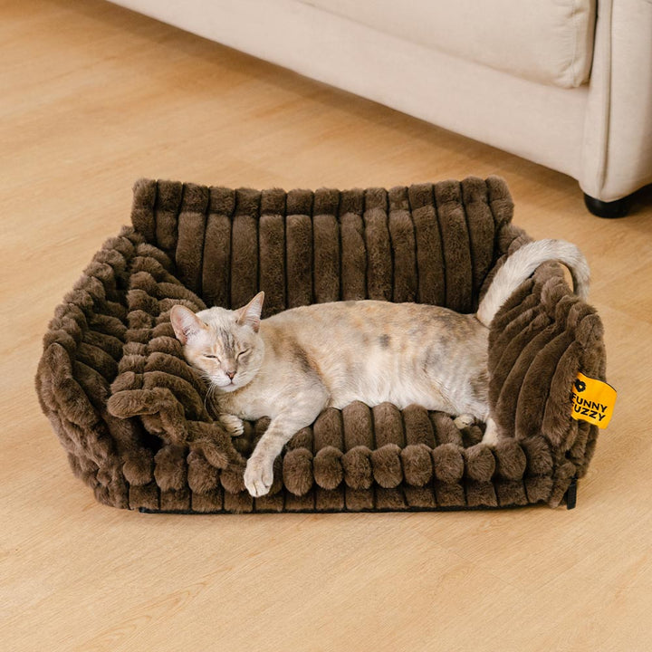 Washable calming cat bed with bolster pillow for joint comfort, soft gray fabric