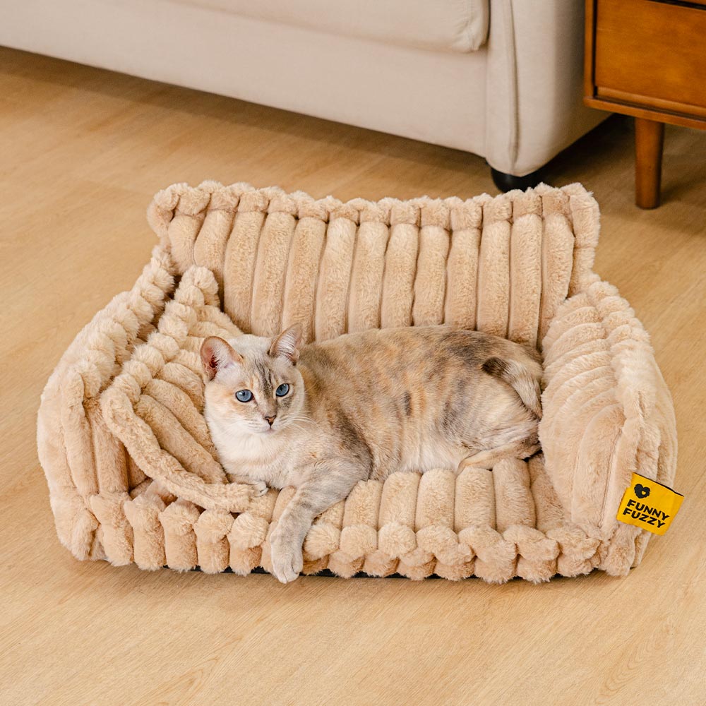 Detail of the non-slip bottom of a calming cat bed, ensuring stability for pets