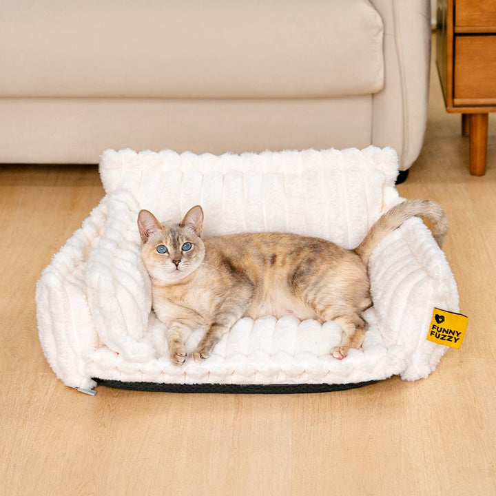 Elegant gray calming cat bed, blending pet comfort with home decor