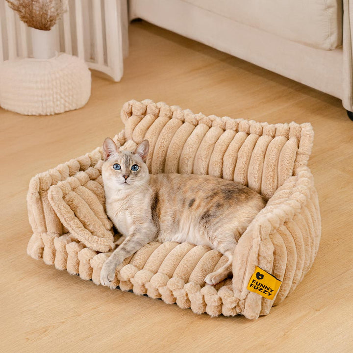Comfortable gray cat bed with a thick bolster, offering excellent joint support