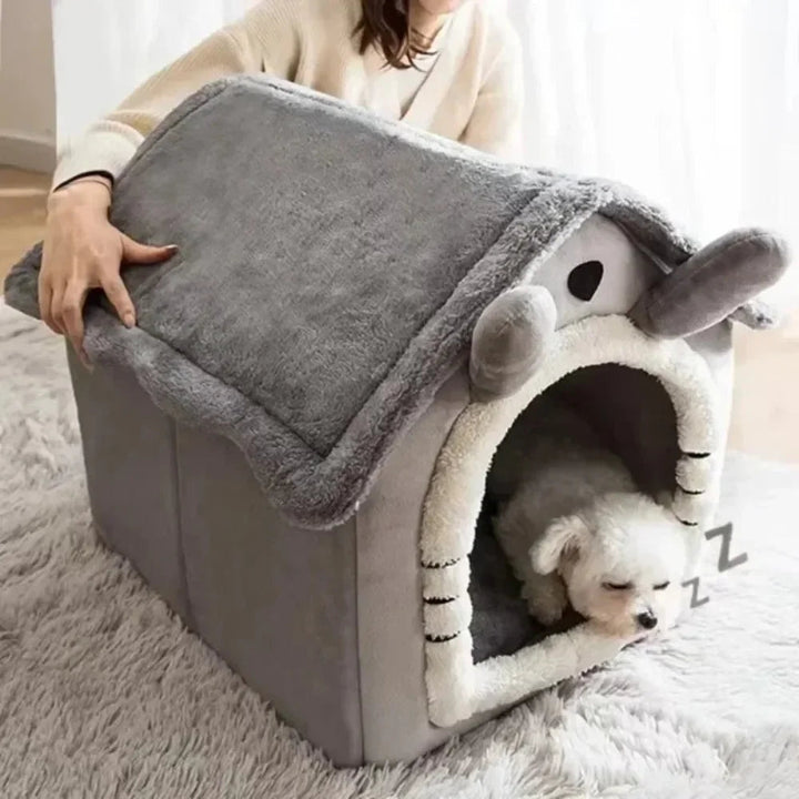 Small dog corduroy pet house in brown, fully washable for easy cleaning