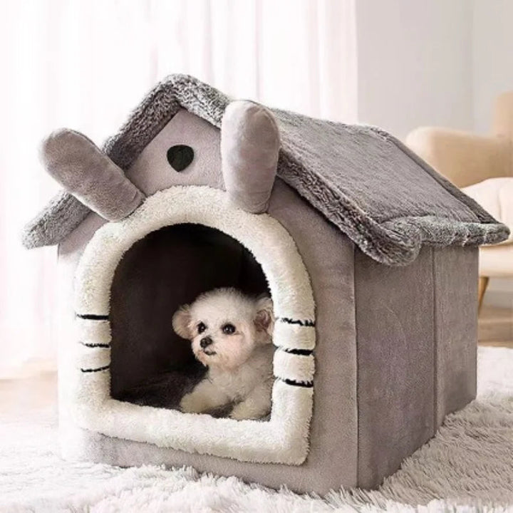 Indoor gray corduroy dog bed house, providing all-season comfort for pets