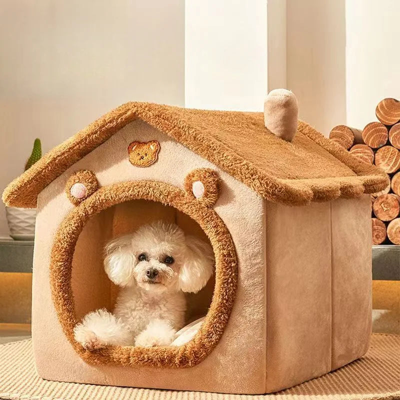 Small dog in a blue washable corduroy pet house, cozy and easy to clean
