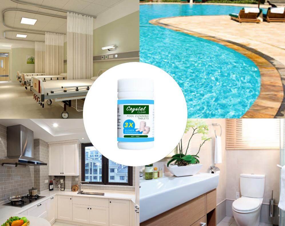Water clarifier tablets dissolving in a murky swimming pool, transforming it to sparkling clear water.