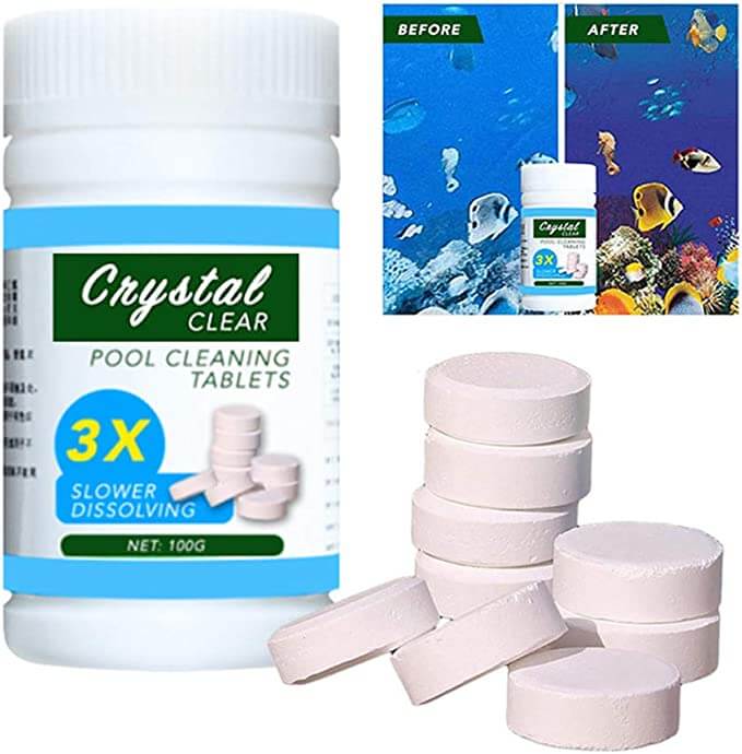 Close-up of Water Clarifying Tablets, essential pool maintenance for crystal clear swimming pool water.