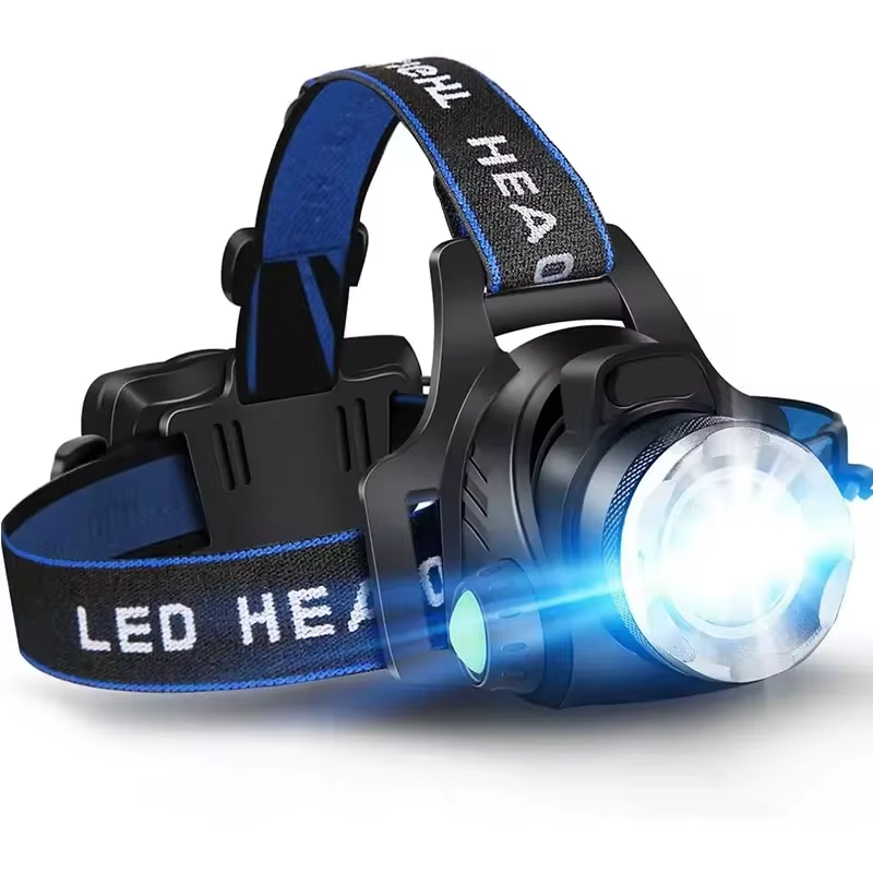 Waterproof 2000-lumen LED headlamp for dog walking, adjustable zoom, black and silver design.