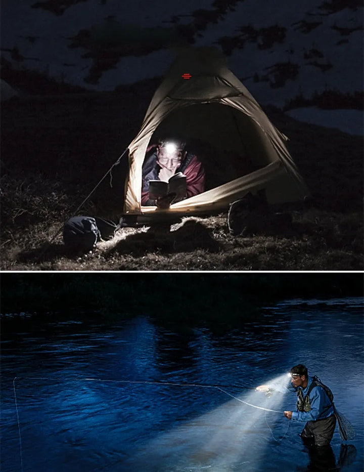 Adjustable zoom LED headlamp, 2000-lumen, hands-free light for dog walking and night safety.