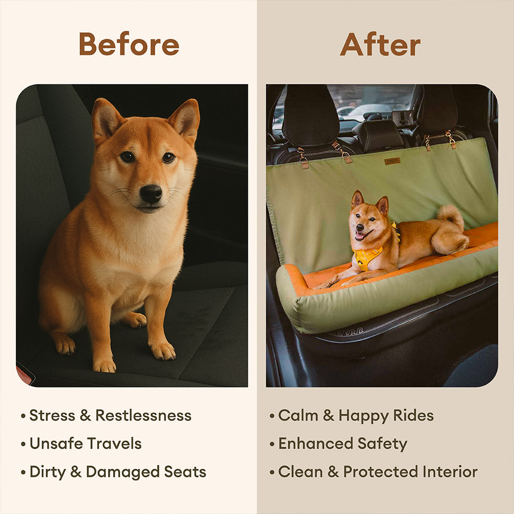 Happy dog comfortably on a black waterproof anti-slip car seat cover during a trip.