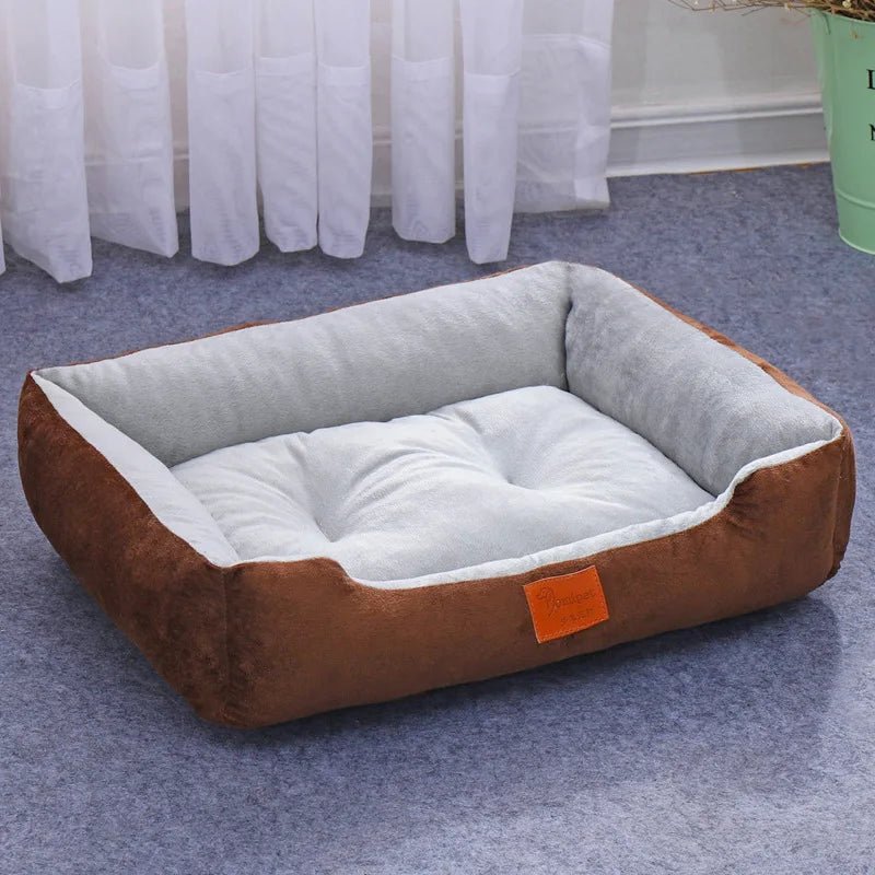 Cat curled up on a soft, washable, waterproof pet bed with bolster support