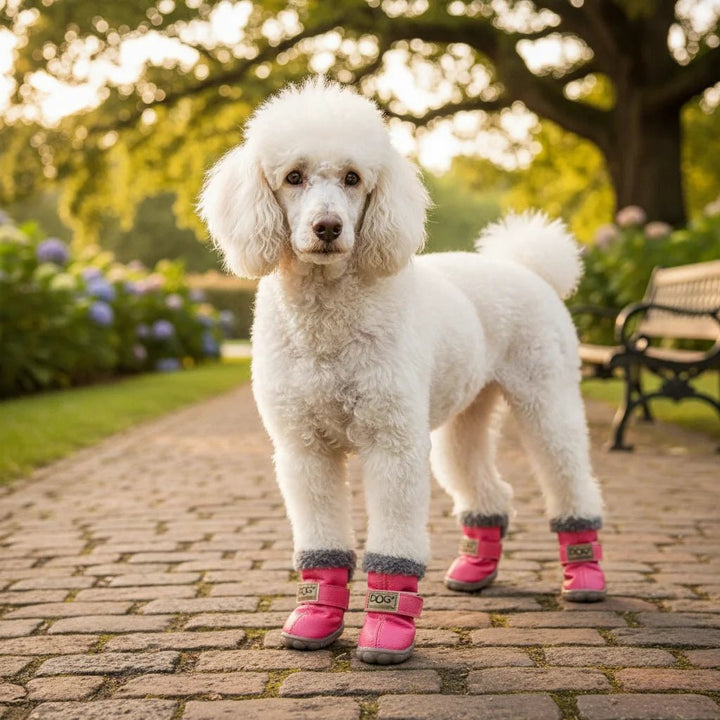 Pair of black waterproof dog boots with adjustable straps, offering excellent paw protection in winter.