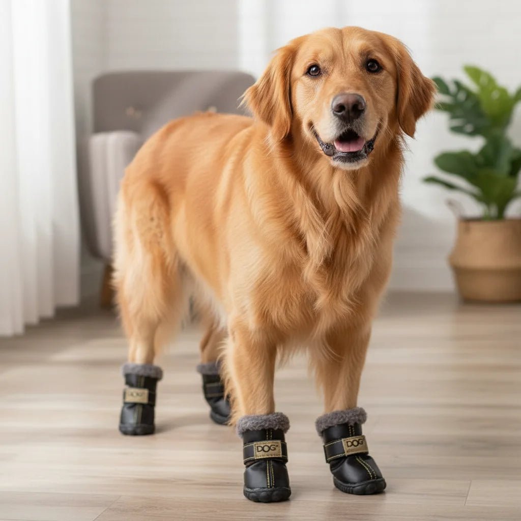 Close-up of a waterproof dog boot showing fleece lining and durable, non-slip sole for winter.