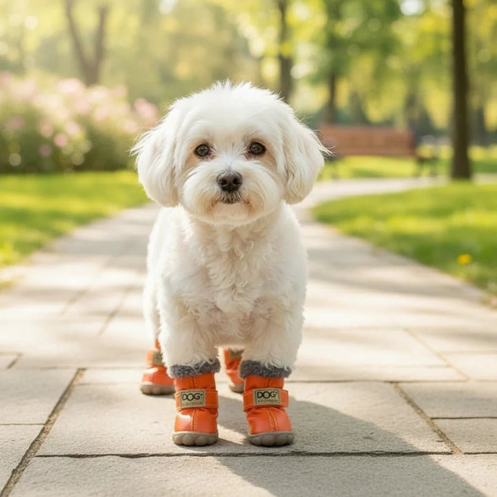 High-visibility waterproof dog boots with reflective accents for cold weather and winter paw protection.