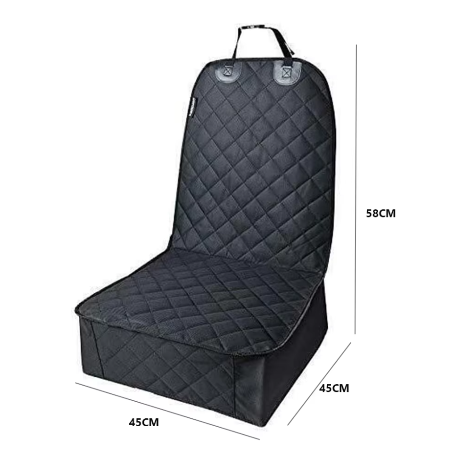 Packaging of a waterproof car front seat cover for dogs, highlighting features and pet protector