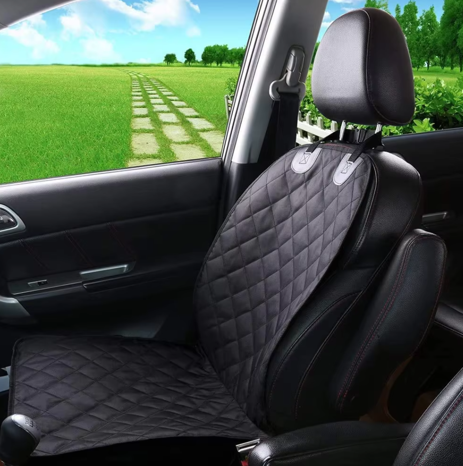Pet protector front seat cover in a car, highlighting easy installation and scratch guard