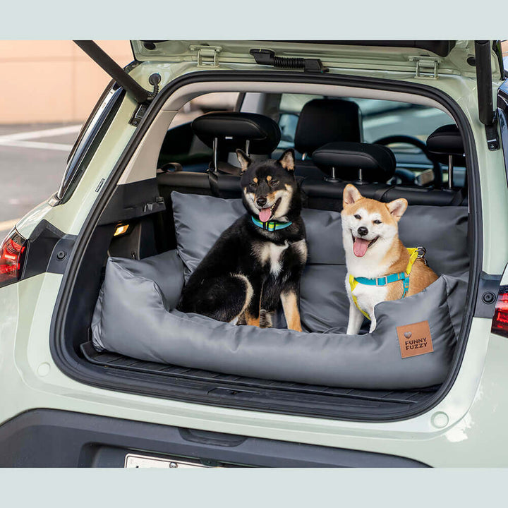 Top-down view of an empty waterproof dog car seat bolster for medium pets