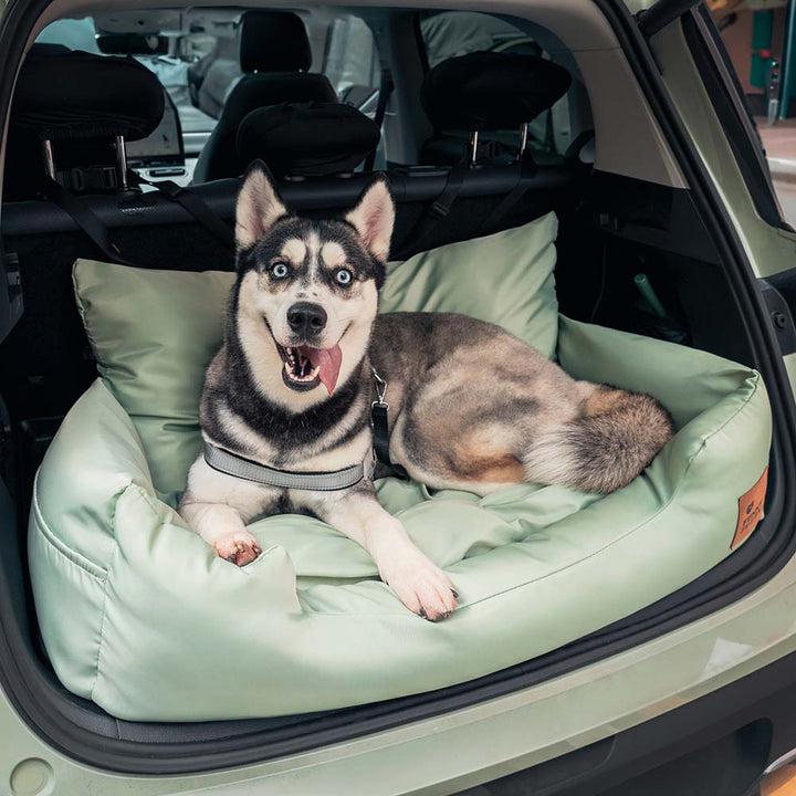 Waterproof dog car bed in SUV, gray bolster design, for large pet travel safety