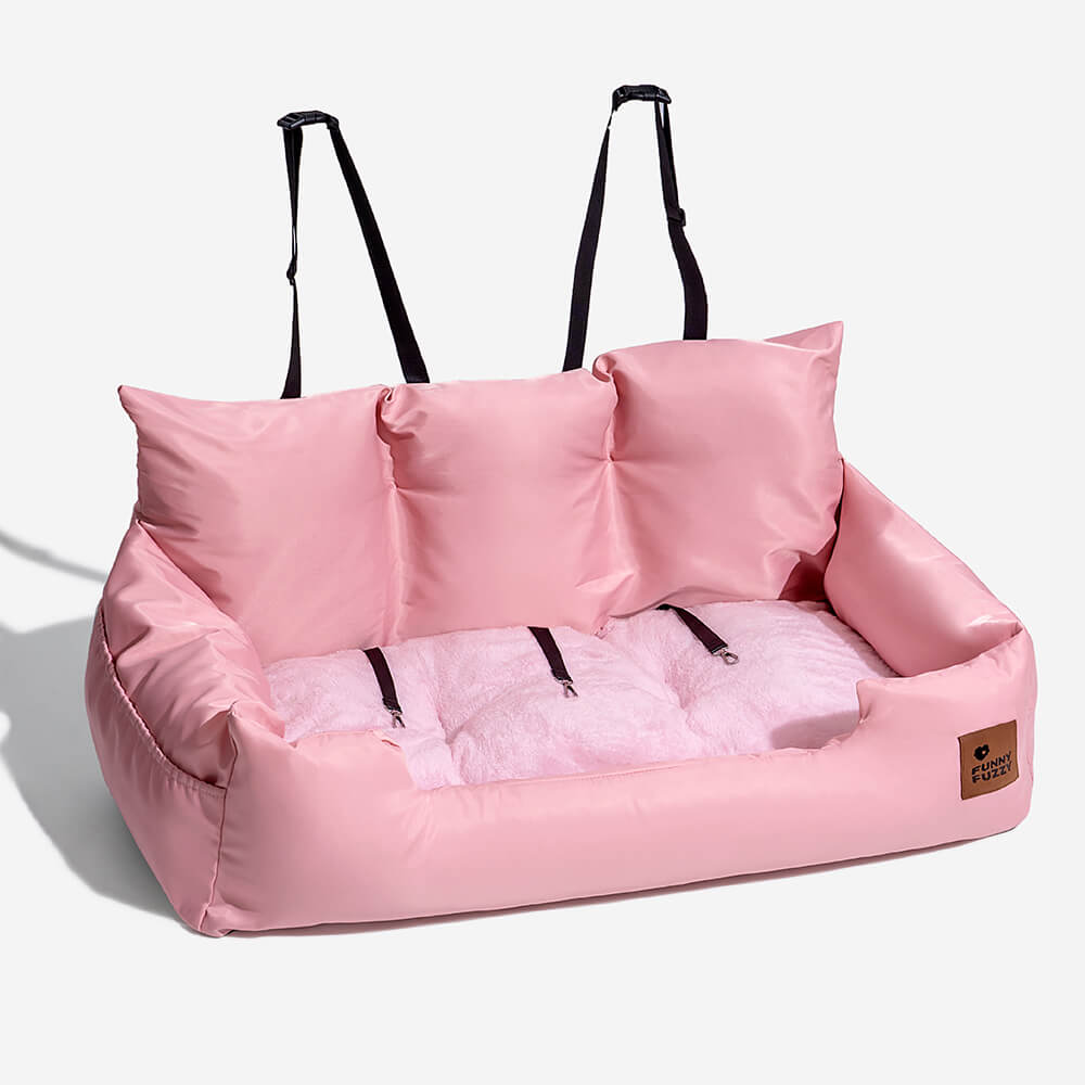 Puppy exploring the cozy waterproof bolster dog car seat bed, safe travel