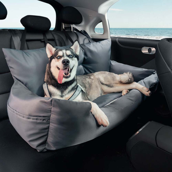 Rear seat view: waterproof dog car seat bolster installed for safe pet travel
