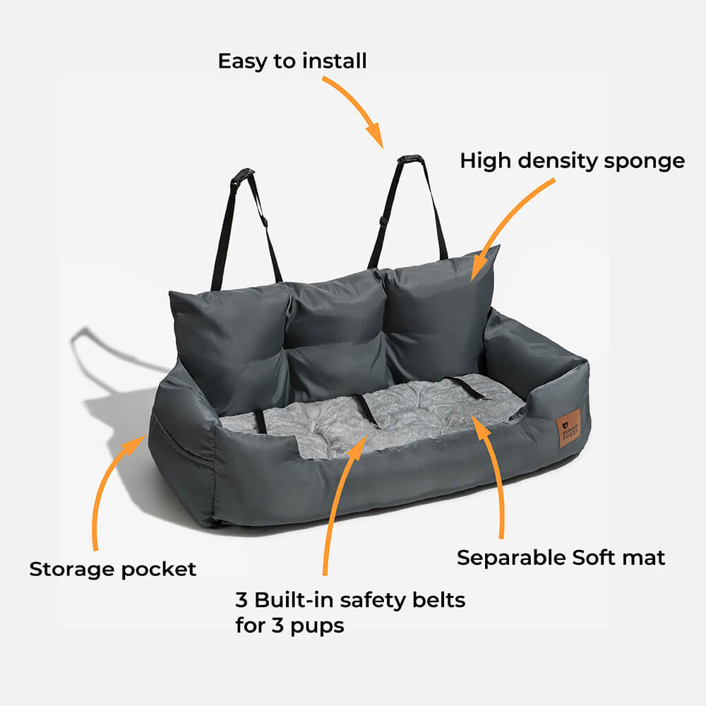 Side view of waterproof dog car seat bolster bed, gray fabric, for large pets