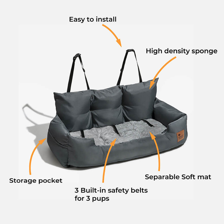 Side view of waterproof dog car seat bolster bed, gray fabric, for large pets