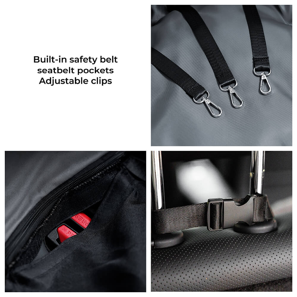 Waterproof dog car seat and bolster bed, showing secure attachment to car seat