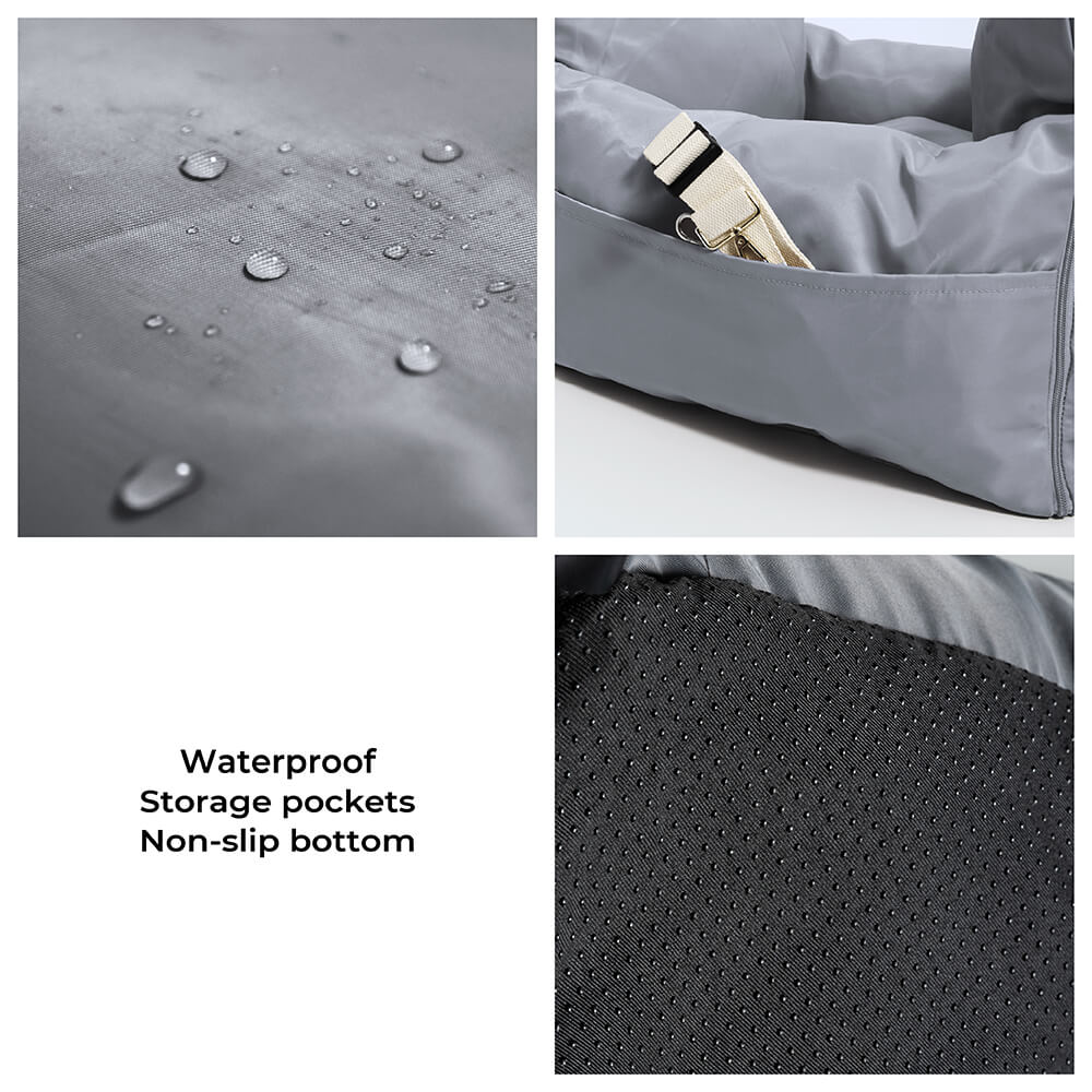 Happy large dog relaxing in a gray waterproof car seat bolster bed for travel