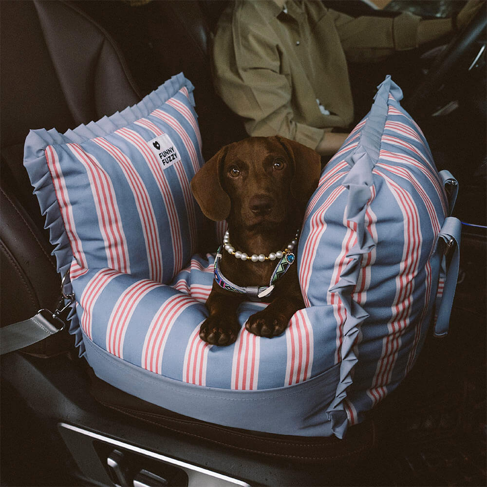 Portable pet travel safety booster seat for dogs, keeps car clean.