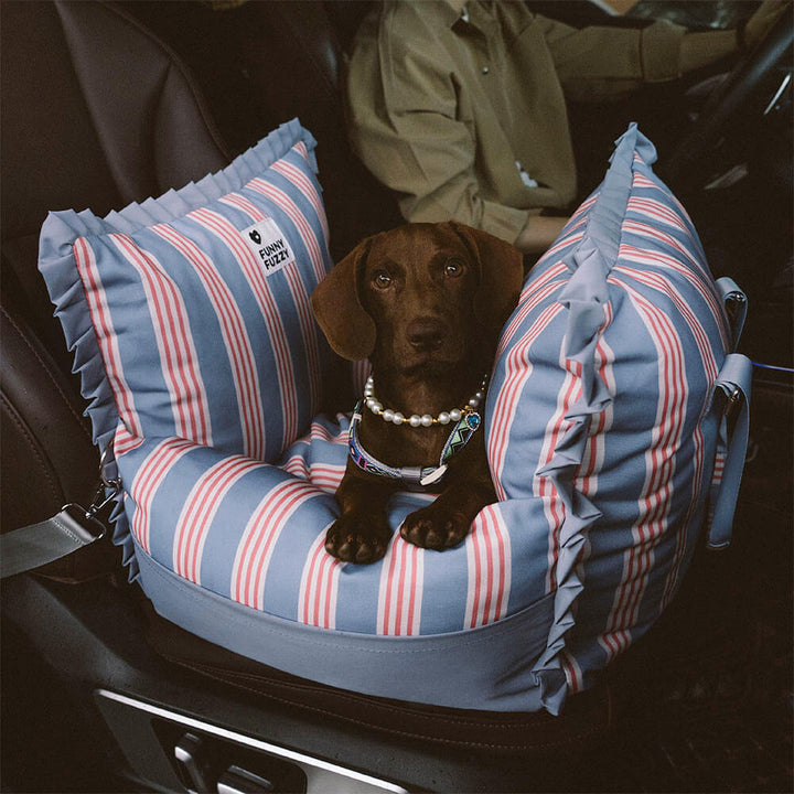 Portable pet travel safety booster seat for dogs, keeps car clean.