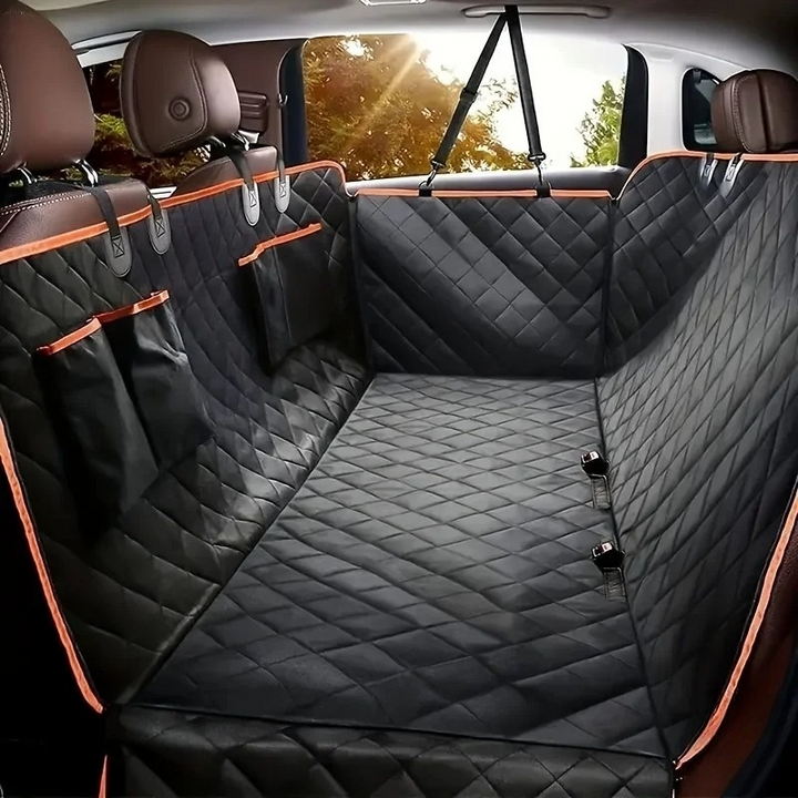 Waterproof dog car seat cover hammock protects back seat from scratches, dirt, and pet hair. Universal fit.