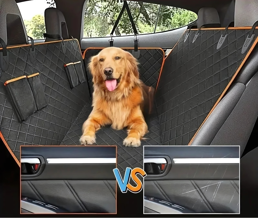 Pet car seat protector hammock, scratch resistant, waterproof barrier for safe dog travel in backseat.
