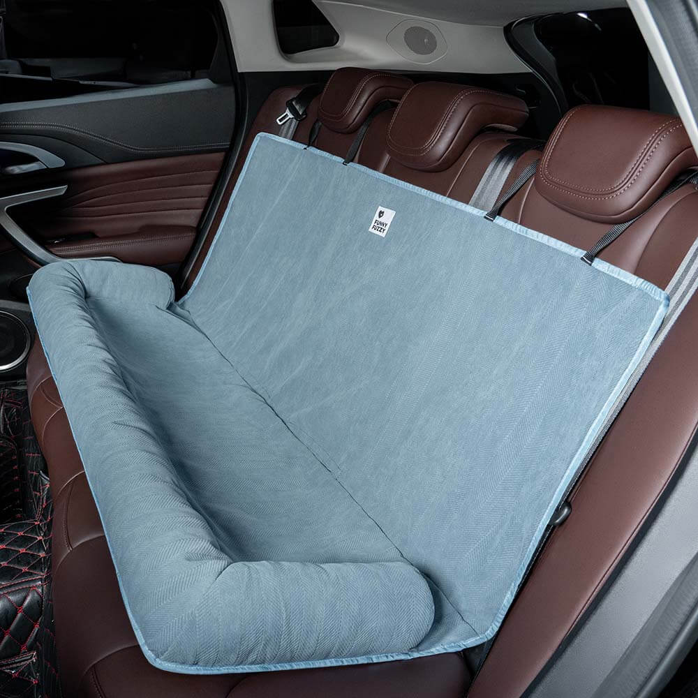 Dog happy in car seat cover, comfortable travel bed, car protection