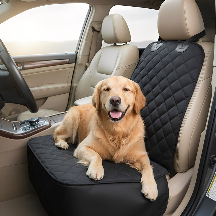 Waterproof dog front car seat cover, durable nylon, black, protecting car interior from pet hair and spills