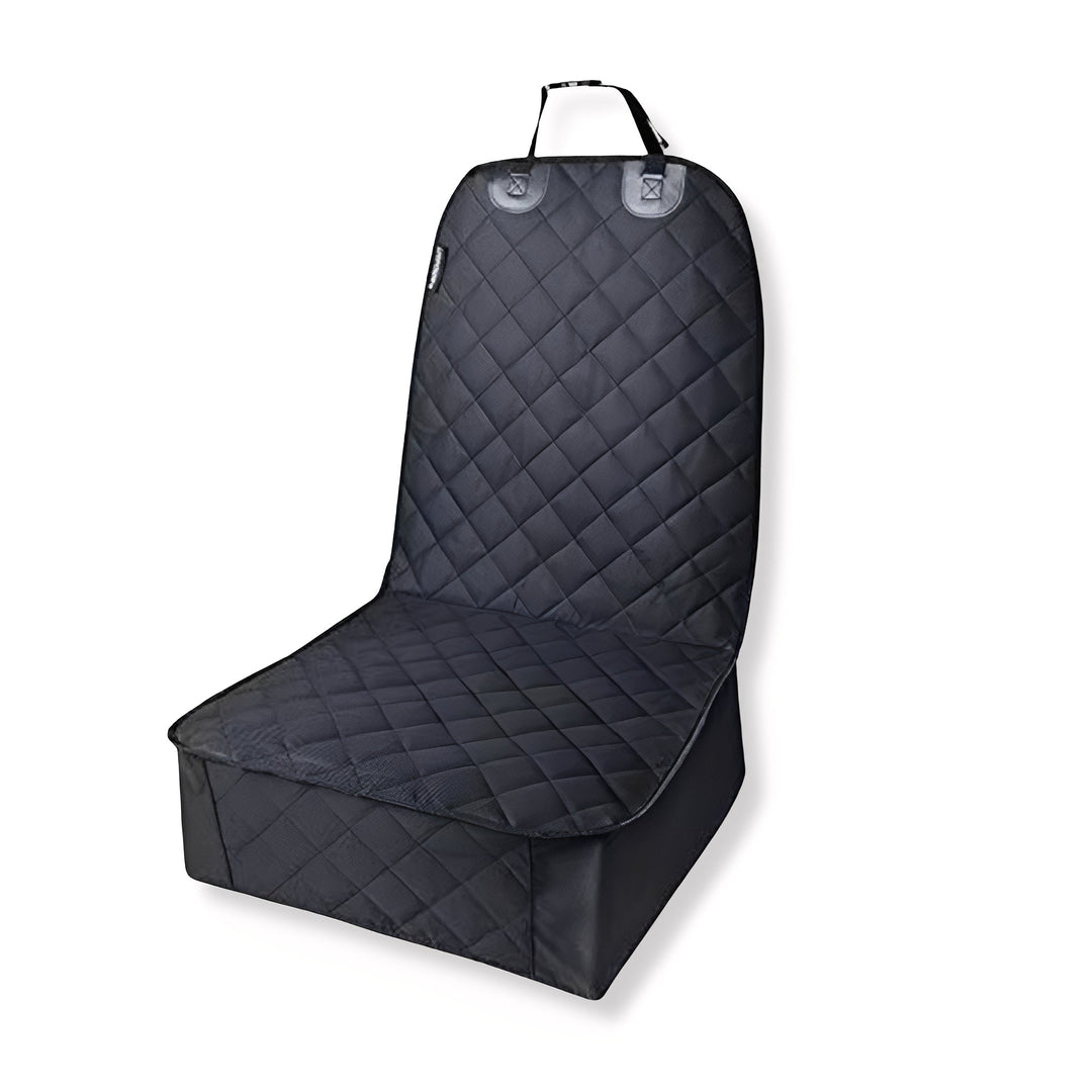 Non-slip waterproof pet front seat cover, black, showing secure straps for easy installation in car