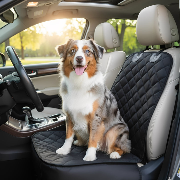 Dog car seat protector, black, made of durable nylon, covering a front car seat for pet travel