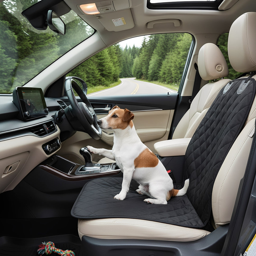 Black waterproof dog front seat cover, heavy-duty nylon, featuring adjustable straps and bucket seat fit