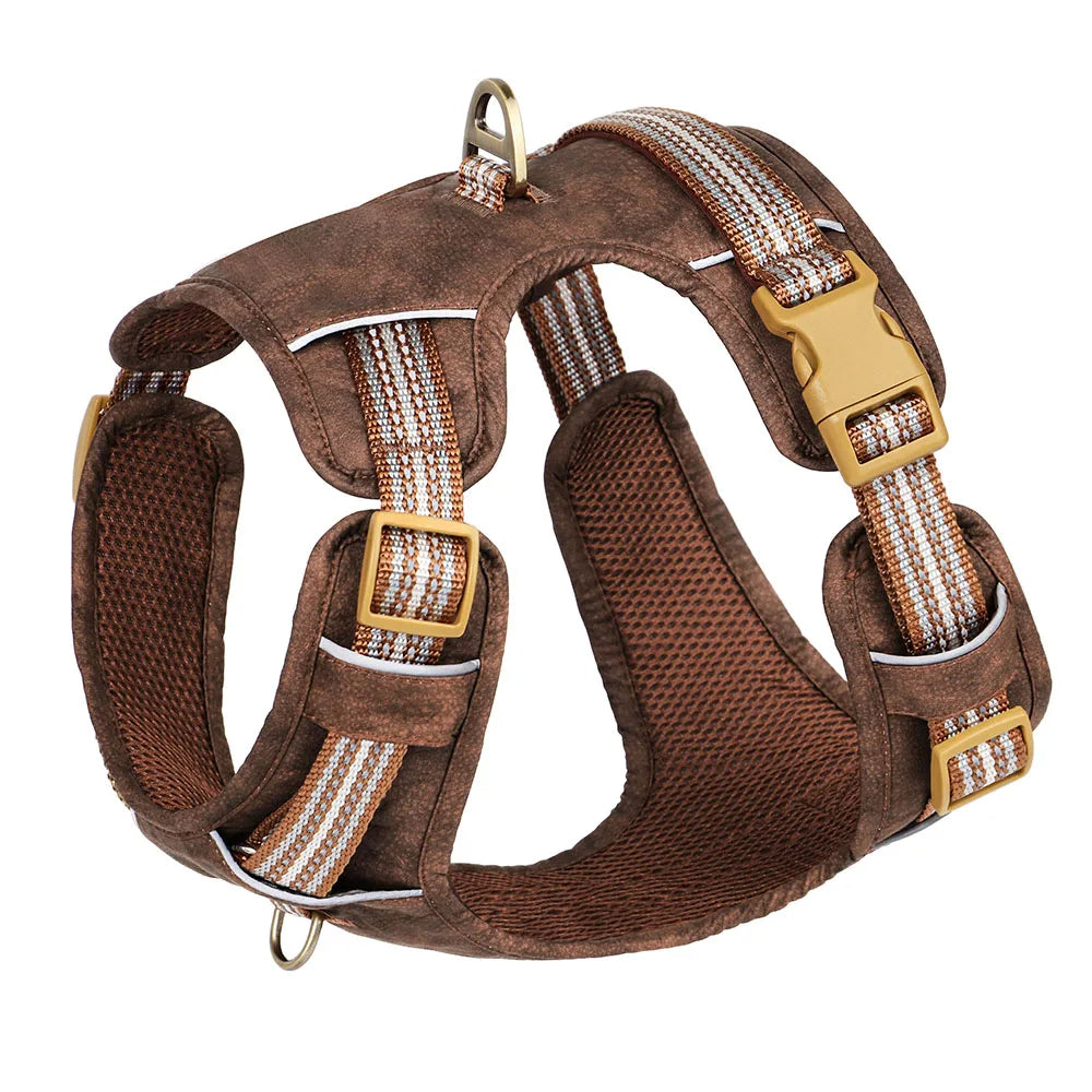 Waterproof dog harness with reflective strips, pu leather, nylon, and adjustable straps for pet safety