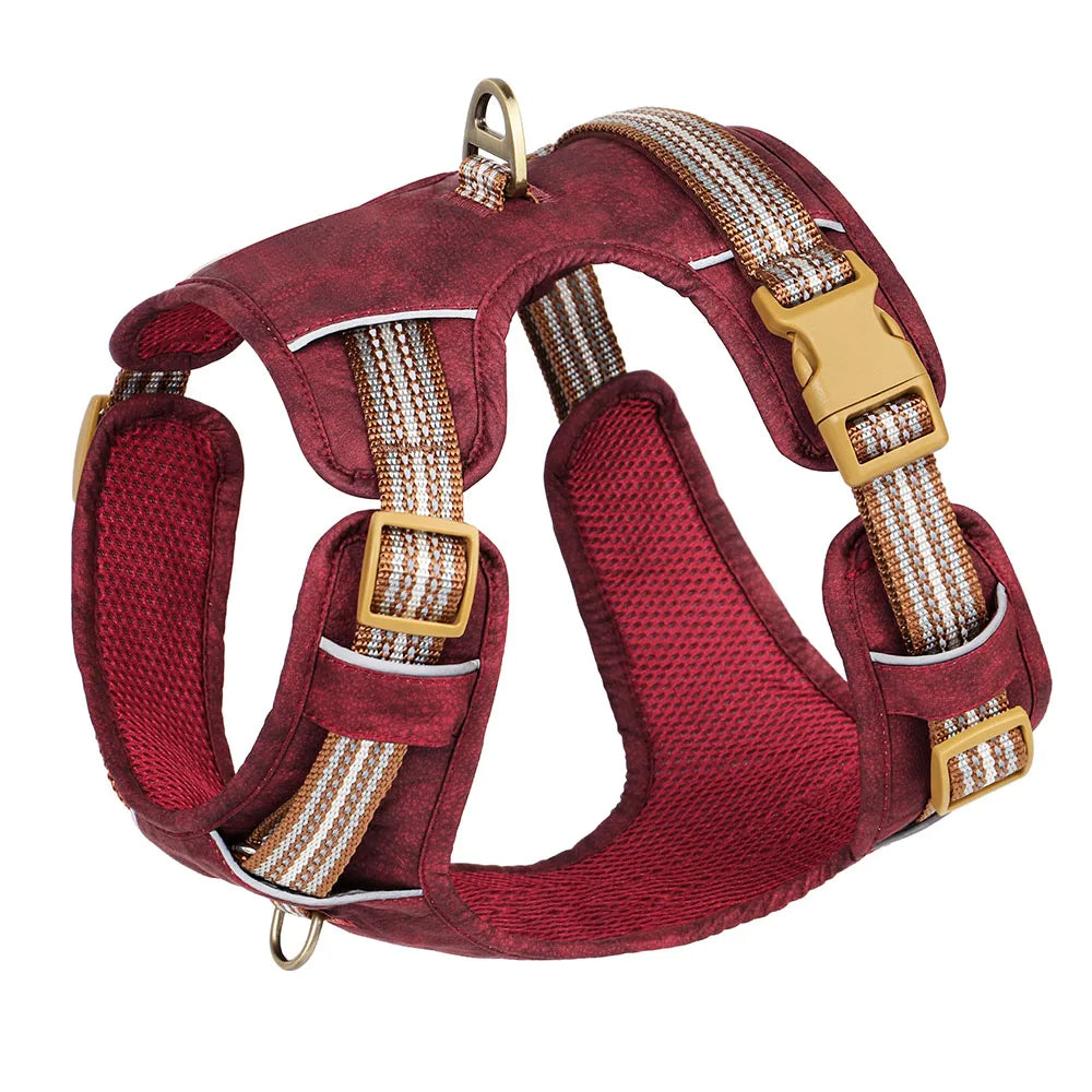 Durable pu leather & nylon waterproof dog harness with reflective accents for enhanced visibility