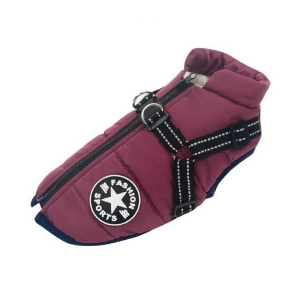 Dog winter coat: waterproof jacket with integrated harness, offering warmth and control.
