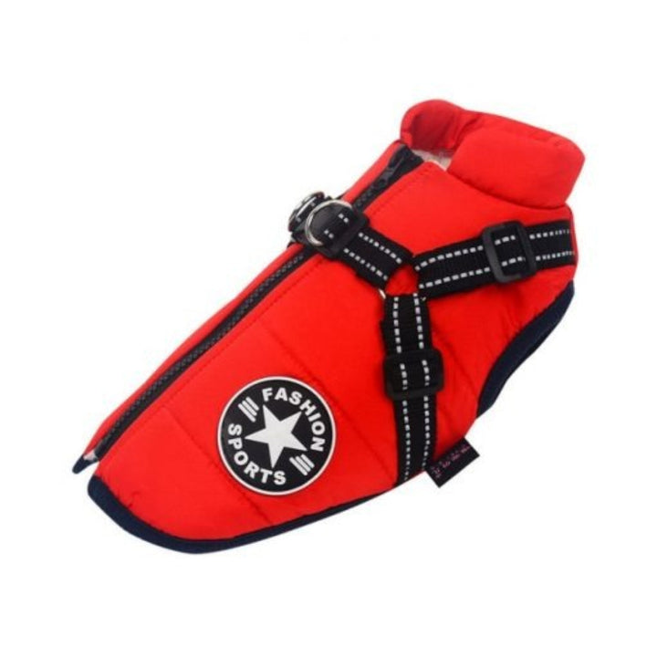 New4 waterproof dog jacket with integrated harness and leash attachment ring.