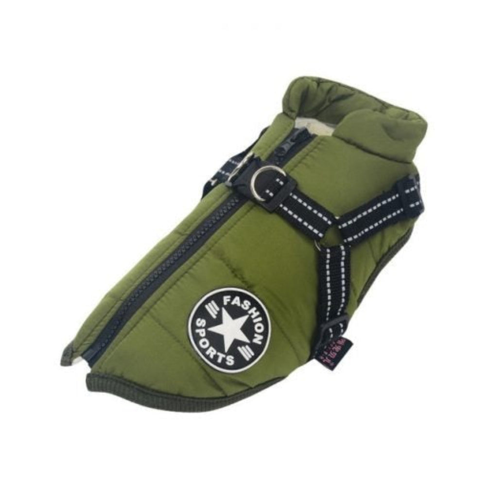 Reflective waterproof dog jacket with integrated harness for pet safety during night walks.
