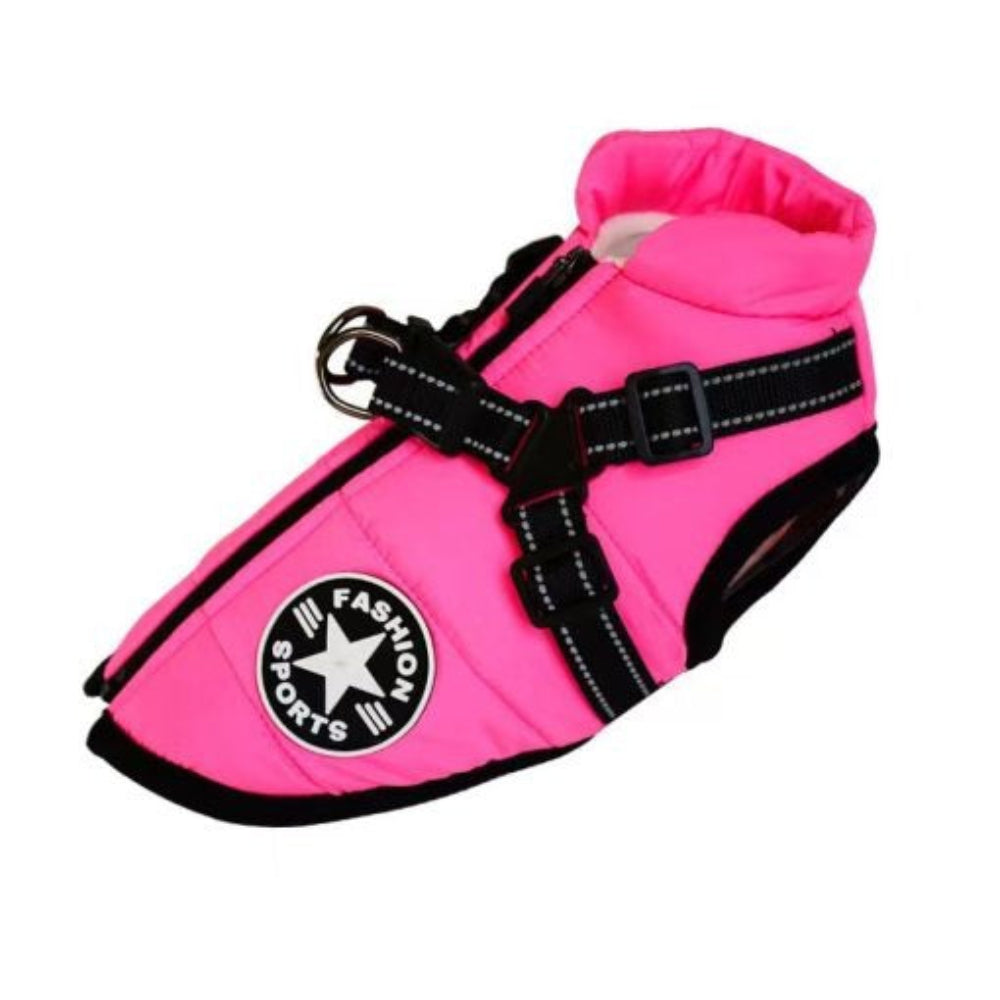Adjustable waterproof dog jacket with built-in harness for small to large dogs.
